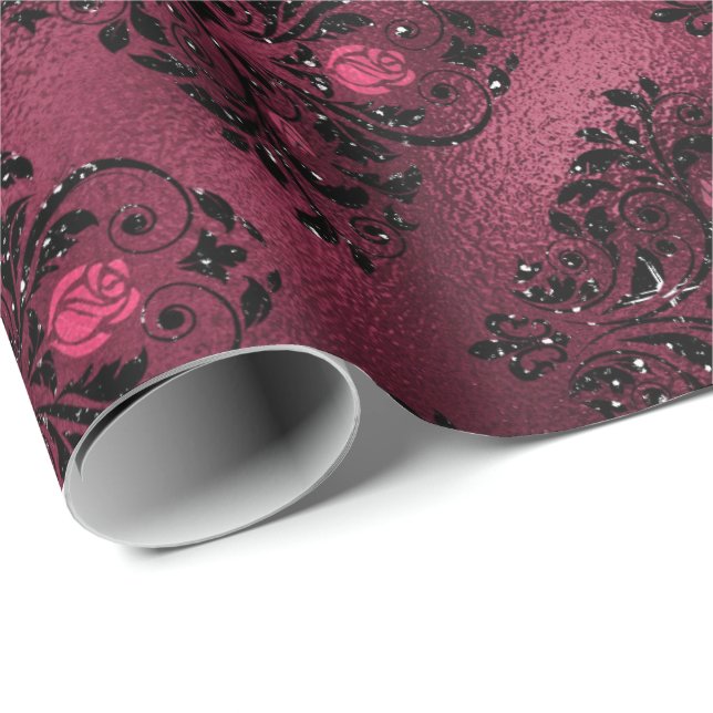 Papel De Regalo Floral Bridal Damask Rosas negros Purpurina Borgoñ (Esquina del rollo)