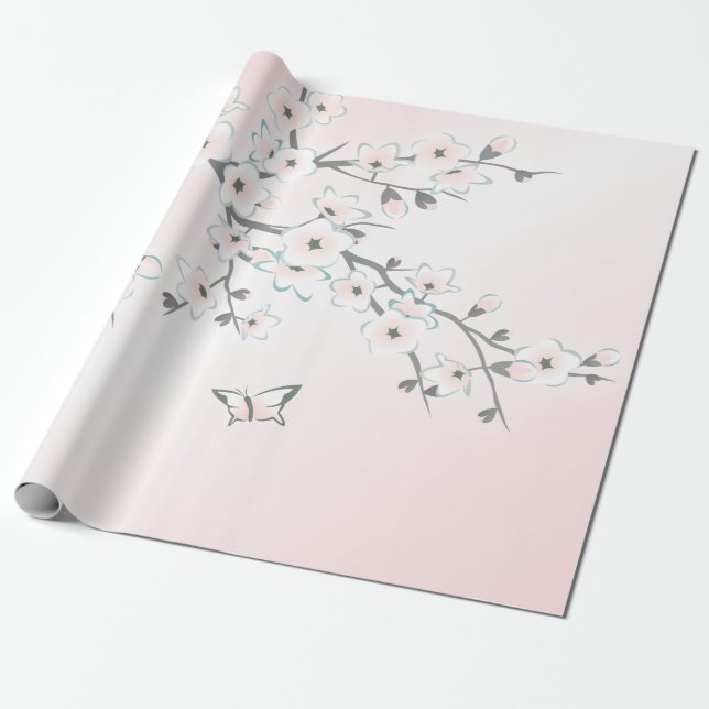 Papel De Regalo Floral Cerezo Blossom Mint Rubor (Desenrollado)