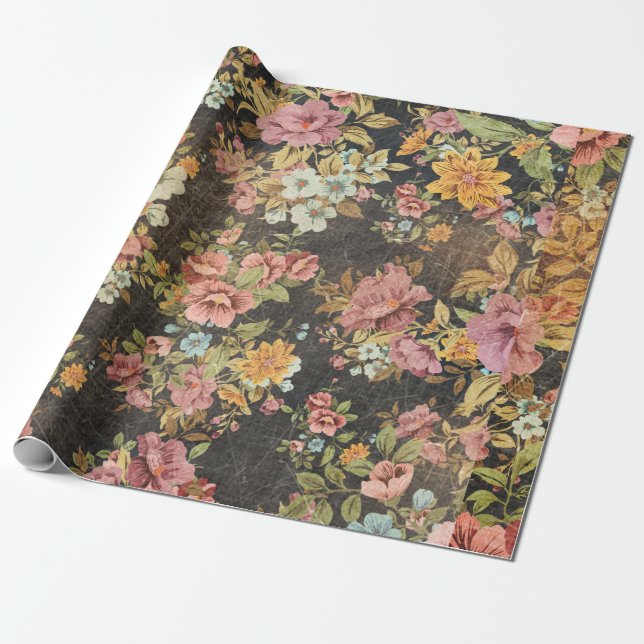 Papel De Regalo Floral clásica en negro (Desenrollado)