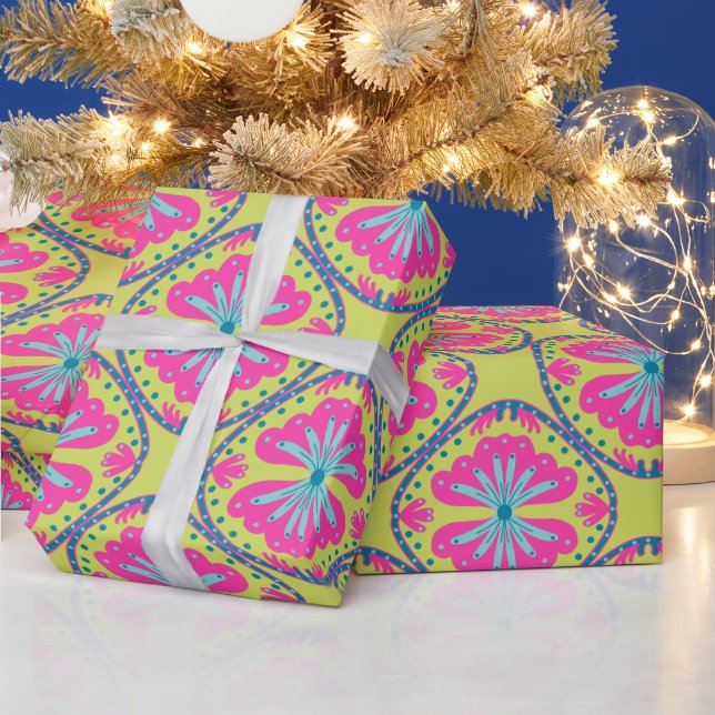 Papel de regalo floral con anillo de círculos verd (Vacaciones)