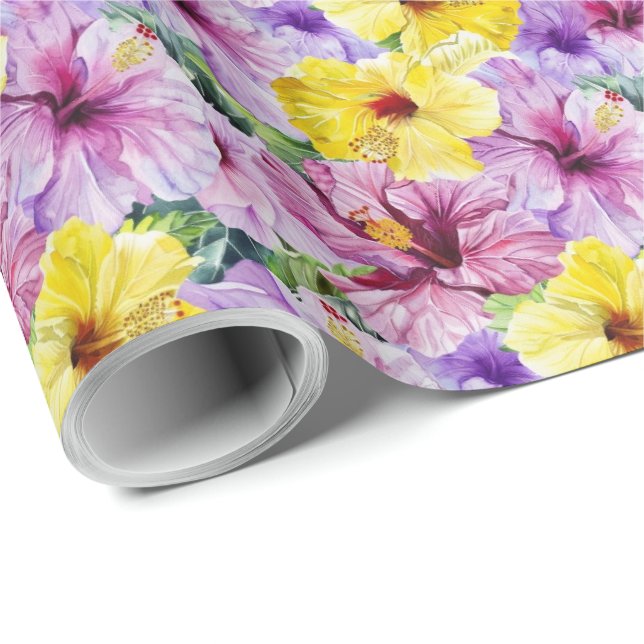 Papel de regalo floral con flores de hibisco rosad (Esquina del rollo)