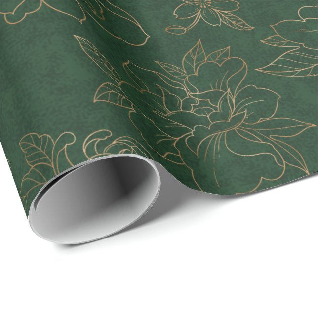 Papel De Regalo Floral con grabado dorado en BG verde (Esquina del rollo)