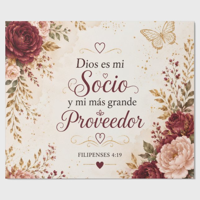 Papel de Regalo Floral Cristiano | Dios es mi Soci (Superficie plana)