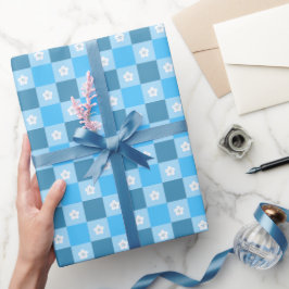 Papel De Regalo Floral Cuadros Azules