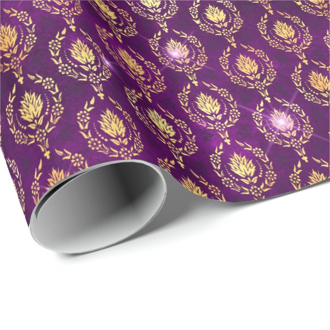 Papel De Regalo Floral Damask Halloween Spell Gold Purple Pattern (Esquina del rollo)