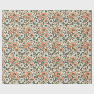 Papel De Regalo Floral de Amapola de Melocotón Crema