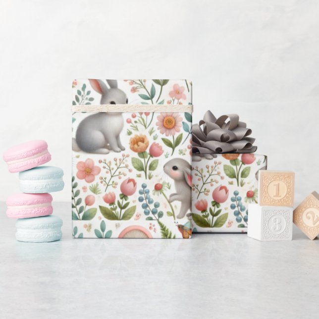Papel De Regalo Floral de Baby Shower con acuarela de conejos (Baby Shower)