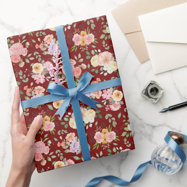 Papel De Regalo Floral de boho de verano en rojo de grano (Regalar)