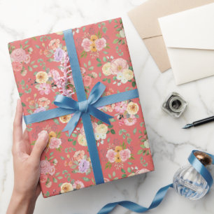 Papel De Regalo Floral de boho de verano sobre rosa de coral oscur