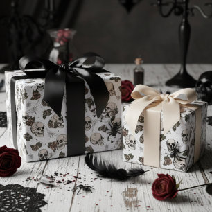 Papel De Regalo Floral de calaveras góticas blancas y Rosas