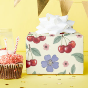 Papel de regalo floral de cereza en acuarela