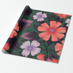 Papel De Regalo Floral de coral y púrpura con hojas oscuras