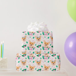 Papel de regalo floral de Corgi lindo