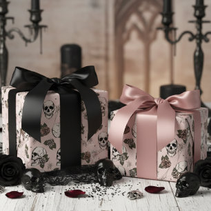 Papel De Regalo Floral de cráneos góticos y Rosas rosados de Rubor