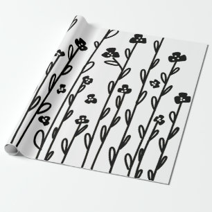 Papel De Regalo floral de doodle blanco negro moderno minimalista