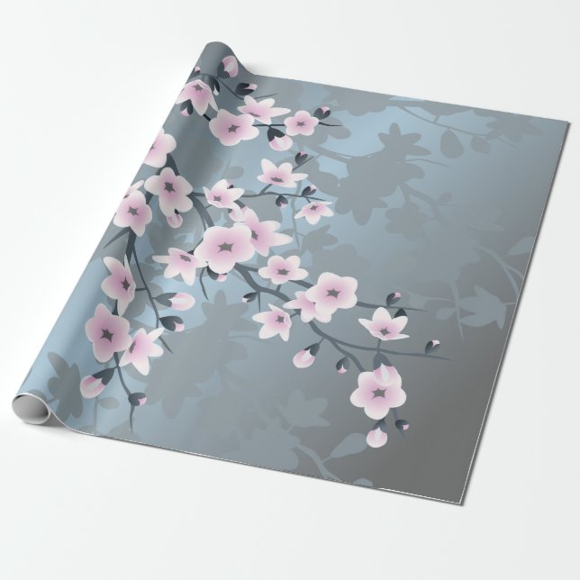 Papel De Regalo Floral de flores de cerezo azul rosado (Desenrollado)