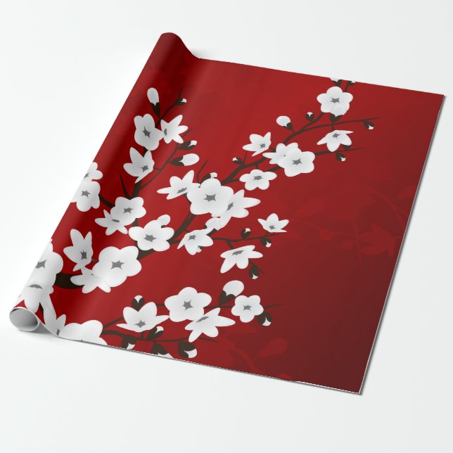 Papel De Regalo Floral de flores rojas en flor de flores de cerezo (Desenrollado)
