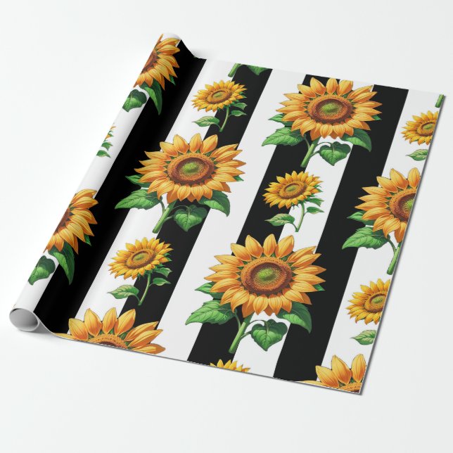 Papel De Regalo Floral de girasol franjas blancas negras (Desenrollado)