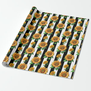 Papel De Regalo Floral de girasol franjas blancas negras