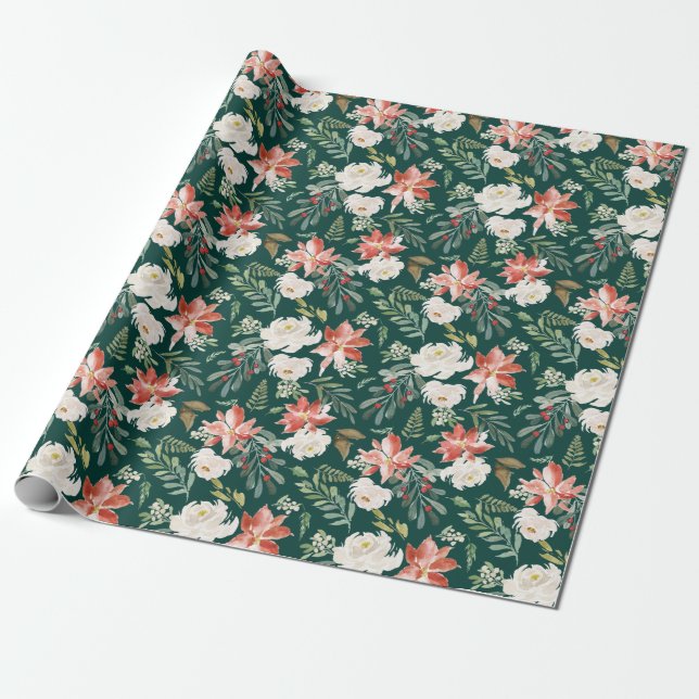 Papel De Regalo Floral de invierno | Festividad verde (Desenrollado)