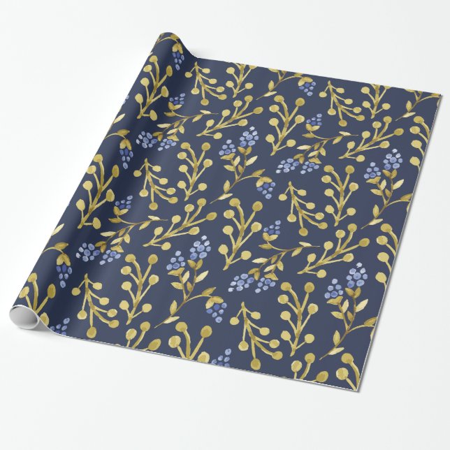Papel De Regalo Floral de morera azul marina (Desenrollado)
