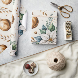 Papel De Regalo Floral de Navidades blancos de oro verde moderno y