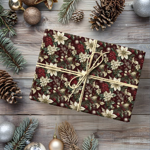 Papel De Regalo Floral de Navidades tradicionales de Borgoña