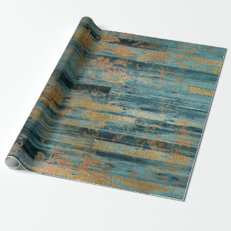 Papel De Regalo Floral de oro y madera azul rustica