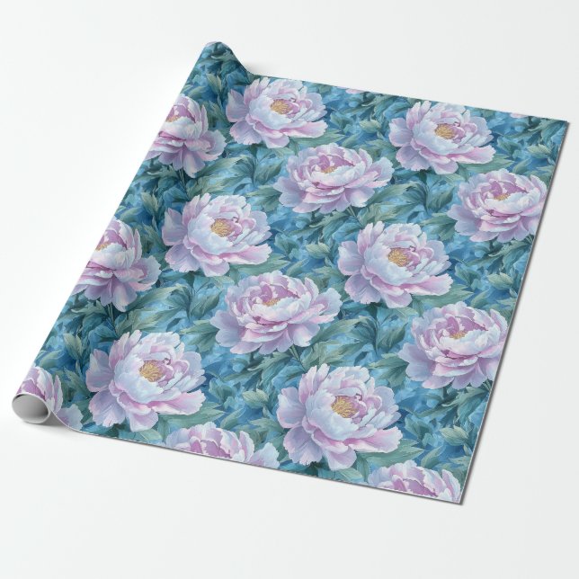 Papel De Regalo Floral de peones azul y rosa vibrante (Desenrollado)