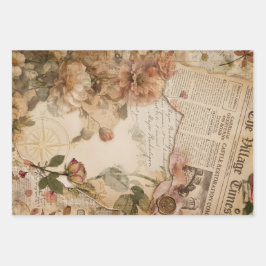 Papel de regalo floral de periódico vintage