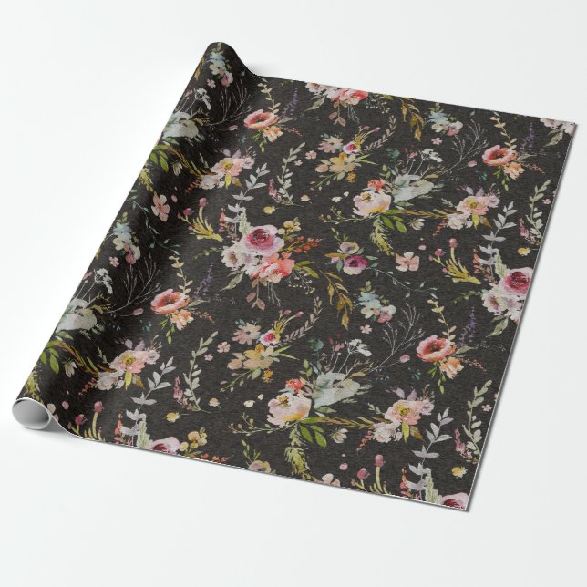 Papel De Regalo Floral de pradera - Ajuste de regalo negro (Desenrollado)