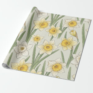 Papel De Regalo Floral de primavera Narciso en suave amarillo y ve