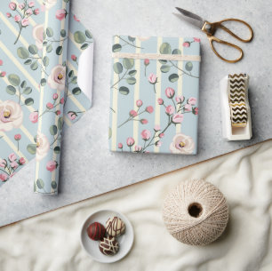 Papel De Regalo Floral de Raya Azul Suave