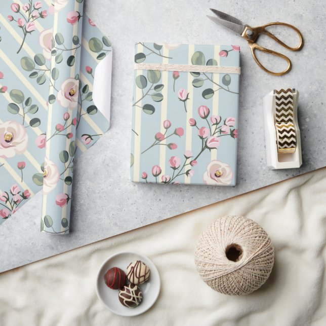 Papel De Regalo Floral de Raya Azul Suave (Artesanía)