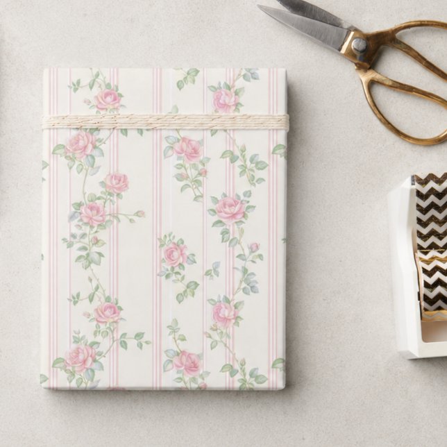 Papel de regalo floral de rosa rosa (elegant pink grandmillennial vintage coquette rose floral wrapping paper)
