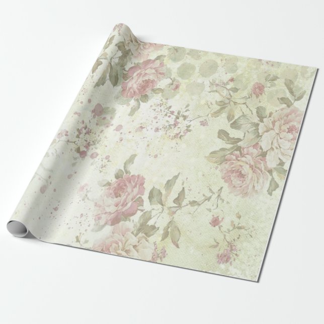 Papel De Regalo Floral de rosa rosada Shabby Chic (Desenrollado)