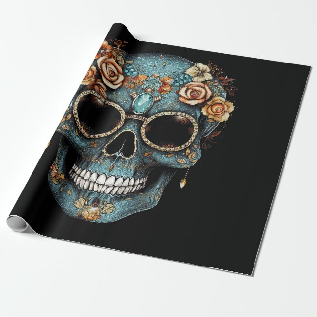 Papel De Regalo Floral Día de la Calavera Mexicana de Muerto (Desenrollado)