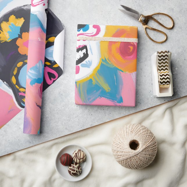 Papel De Regalo Floral Dia de Muertos rosa y negra (Artesanía)