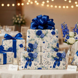 Papel de regalo floral dorado azul real para boda 