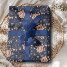 Papel de regalo floral dorado rosa y azul marino