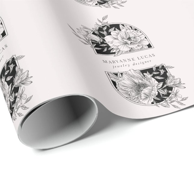 Papel De Regalo Floral elegante en blanco y negro (Esquina del rollo)