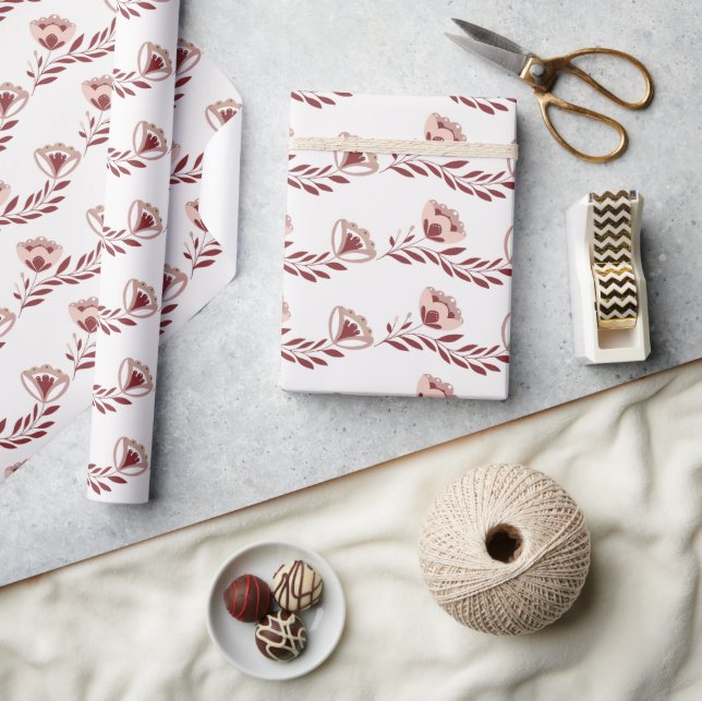 Papel De Regalo Floral escandinava roja y blanca (Artesanía)