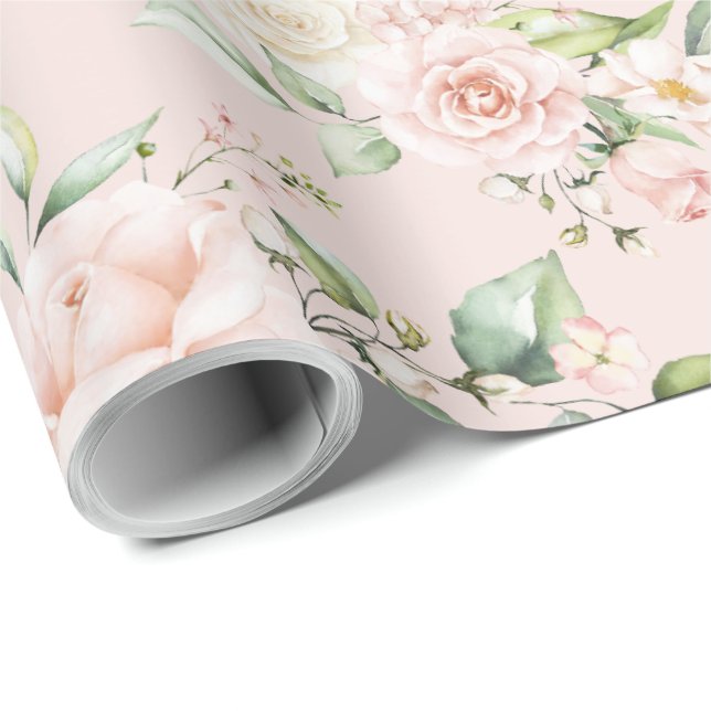 Papel De Regalo Floral Eucalipto Rubor Rosa  (Esquina del rollo)