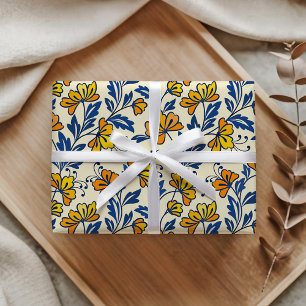 Papel De Regalo Floral Folk Naranja Amarillo Antiguo Hoja Azul