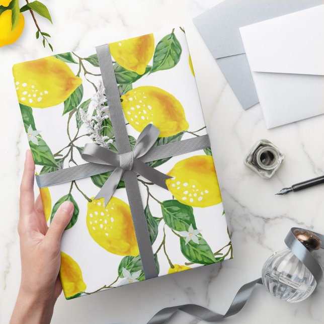 Papel De Regalo Floral fresca de fruta de limón (Wrapping paper featuring a cheerful Mediterranean pattern with lemons and tiny flowers)