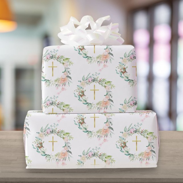 Papel De Regalo Floral Garland Christian Gold Cross Rosas (Garland Christian Gold Cross Roses Floral Wrapping Paper)