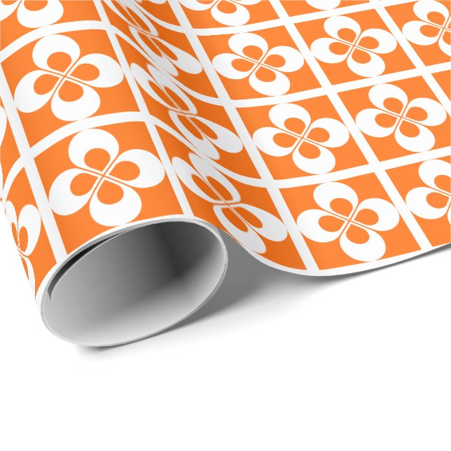 Papel De Regalo Floral geométrica blanca sobre Naranja (Esquina del rollo)