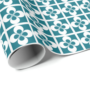 Papel De Regalo Floral Geométrico Blanco sobre Azul Turquesa