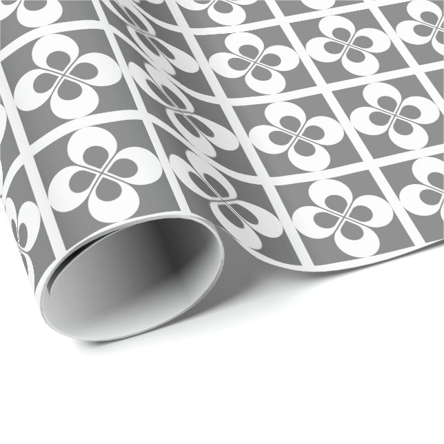 Papel De Regalo Floral geométrico blanco sobre gris (Esquina del rollo)