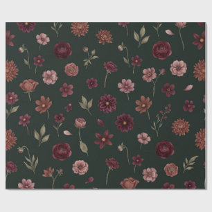 Papel De Regalo Floral Granate Antiguo Oscuro Patrón Verde Oscuro